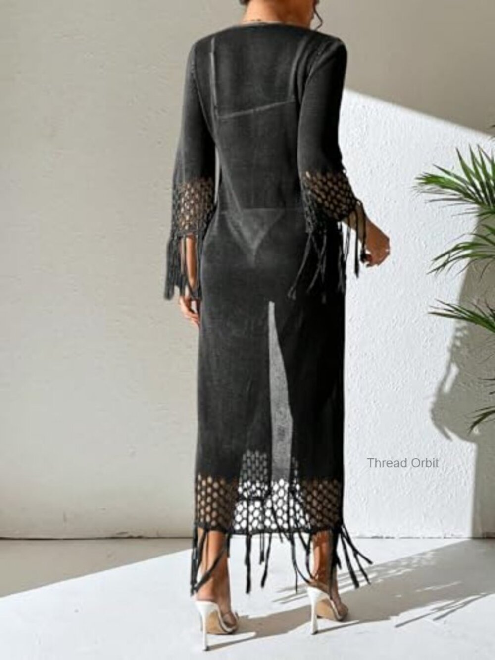 Crochet Knit Swimsuit Coverup Tie Front Tassel Kimono Beach Cardigan - Picture 3 of 6
